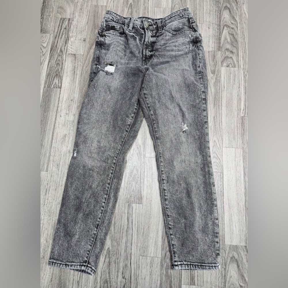 Old Navy OG Straight Jeans Womens 6 Black High Rise Distressed Denim Stretch